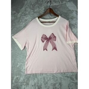 Hippie Rose Pink Bow Ringer‎ T Shirt Womens Plus Size 1X Casual Comfort Top